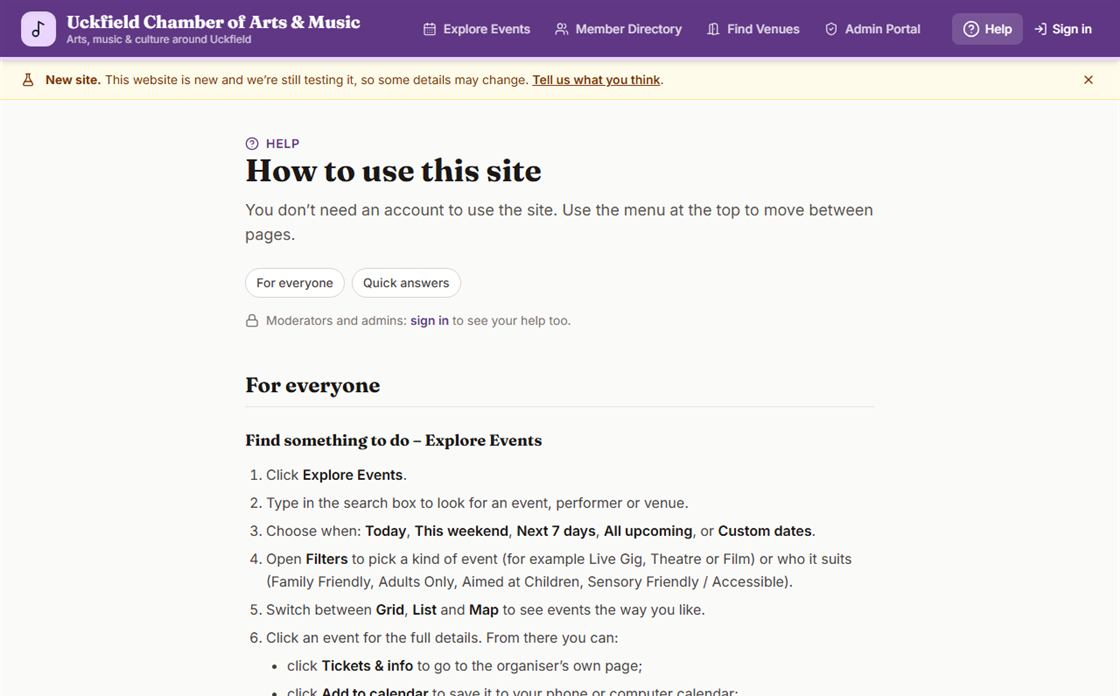 Help page explaining how to use the site