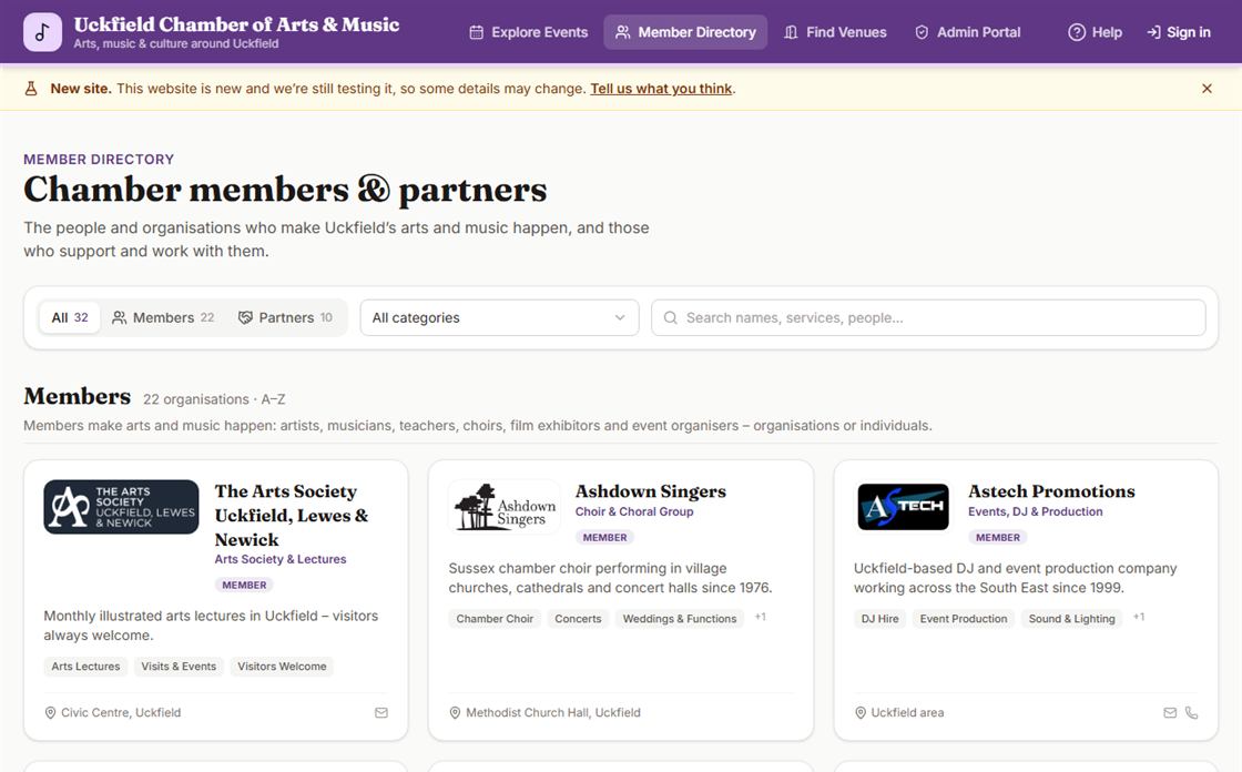 Directory of members and partners with logos, categories and descriptions